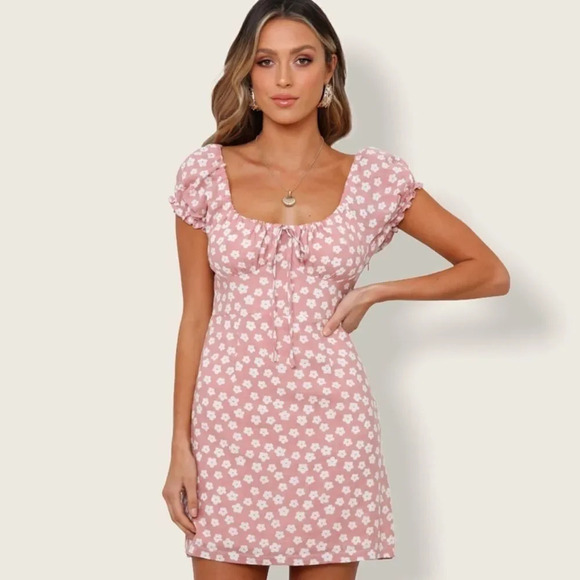 NEW! Pink “Daisy Doll” Floral Print Puff Sleeve Mini Dress - Picture 5 of 12